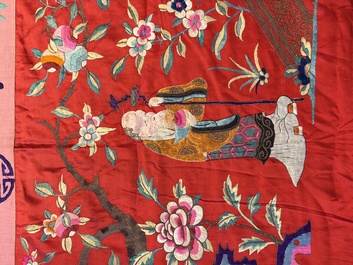 An extremely large Chinese red-ground embroidered silk 'Sanxing and Eight Immortals' panel, 19th C.