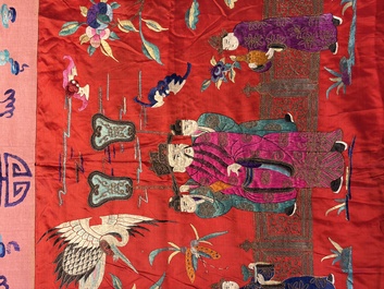 An extremely large Chinese red-ground embroidered silk 'Sanxing and Eight Immortals' panel, 19th C.