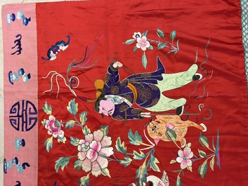An extremely large Chinese red-ground embroidered silk 'Sanxing and Eight Immortals' panel, 19th C.