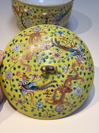 A pair of Chinese famille rose yellow-ground 'Dragon and Phoenix' covered warming bowls and a bowl, Tongzhi marks, 19th C.