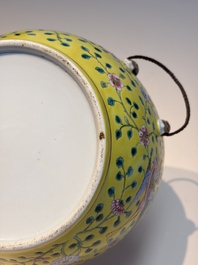 A pair of Chinese famille rose yellow-ground 'Dragon and Phoenix' covered warming bowls and a bowl, Tongzhi marks, 19th C.
