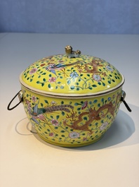 A pair of Chinese famille rose yellow-ground 'Dragon and Phoenix' covered warming bowls and a bowl, Tongzhi marks, 19th C.