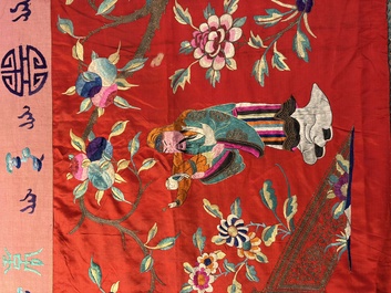 An extremely large Chinese red-ground embroidered silk 'Sanxing and Eight Immortals' panel, 19th C.