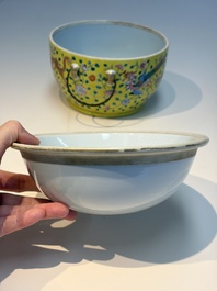 A pair of Chinese famille rose yellow-ground 'Dragon and Phoenix' covered warming bowls and a bowl, Tongzhi marks, 19th C.