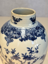 A Chinese blue and white five-piece garniture with birds among flowering branches, Qianlong