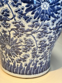 A large Chinese blue and white 'Lotus Scroll' baluster vase with later gilt-bronze lamp mounts, Kangxi