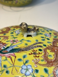 A pair of Chinese famille rose yellow-ground 'Dragon and Phoenix' covered warming bowls and a bowl, Tongzhi marks, 19th C.