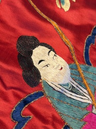An extremely large Chinese red-ground embroidered silk 'Sanxing and Eight Immortals' panel, 19th C.