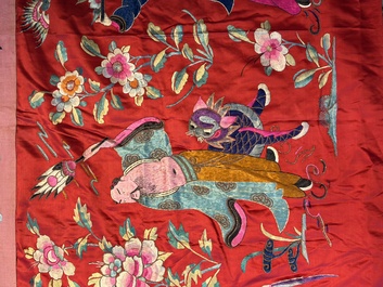 An extremely large Chinese red-ground embroidered silk 'Sanxing and Eight Immortals' panel, 19th C.