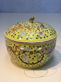 A pair of Chinese famille rose yellow-ground 'Dragon and Phoenix' covered warming bowls and a bowl, Tongzhi marks, 19th C.