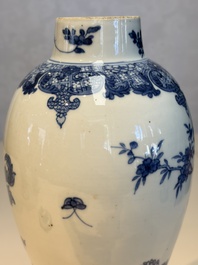 A Chinese blue and white five-piece garniture with birds among flowering branches, Qianlong