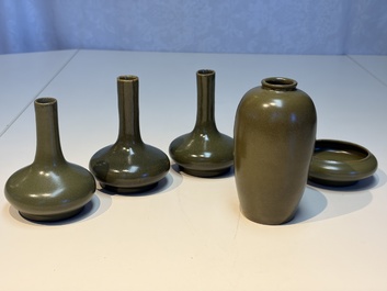 Four Chinese teadust-glazed vases and a brush washer, 19th C.