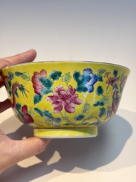 A pair of Chinese famille rose yellow-ground 'Dragon and Phoenix' covered warming bowls and a bowl, Tongzhi marks, 19th C.