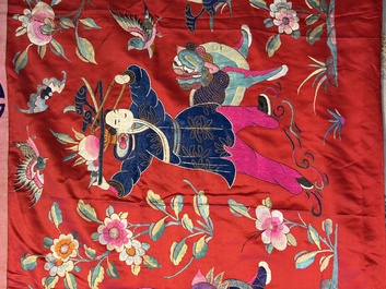 An extremely large Chinese red-ground embroidered silk 'Sanxing and Eight Immortals' panel, 19th C.