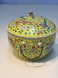 A pair of Chinese famille rose yellow-ground 'Dragon and Phoenix' covered warming bowls and a bowl, Tongzhi marks, 19th C.
