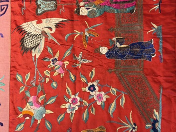 An extremely large Chinese red-ground embroidered silk 'Sanxing and Eight Immortals' panel, 19th C.
