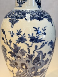 A Chinese blue and white five-piece garniture with birds among flowering branches, Qianlong