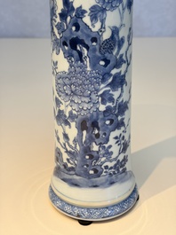 A Chinese blue and white five-piece garniture with birds among flowering branches, Qianlong