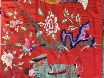 An extremely large Chinese red-ground embroidered silk 'Sanxing and Eight Immortals' panel, 19th C.