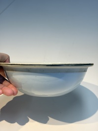 A pair of Chinese famille rose yellow-ground 'Dragon and Phoenix' covered warming bowls and a bowl, Tongzhi marks, 19th C.