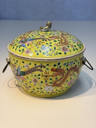 A pair of Chinese famille rose yellow-ground 'Dragon and Phoenix' covered warming bowls and a bowl, Tongzhi marks, 19th C.