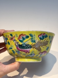 A pair of Chinese famille rose yellow-ground 'Dragon and Phoenix' covered warming bowls and a bowl, Tongzhi marks, 19th C.