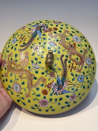 A pair of Chinese famille rose yellow-ground 'Dragon and Phoenix' covered warming bowls and a bowl, Tongzhi marks, 19th C.