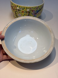 A pair of Chinese famille rose yellow-ground 'Dragon and Phoenix' covered warming bowls and a bowl, Tongzhi marks, 19th C.