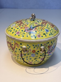 A pair of Chinese famille rose yellow-ground 'Dragon and Phoenix' covered warming bowls and a bowl, Tongzhi marks, 19th C.