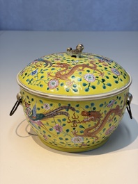 A pair of Chinese famille rose yellow-ground 'Dragon and Phoenix' covered warming bowls and a bowl, Tongzhi marks, 19th C.