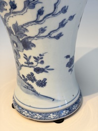 A Chinese blue and white five-piece garniture with birds among flowering branches, Qianlong
