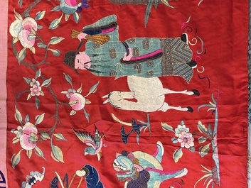 An extremely large Chinese red-ground embroidered silk 'Sanxing and Eight Immortals' panel, 19th C.