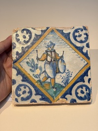 A polychrome Dutch Delft maiolica 'Drummer' diamond tile, 16th C.