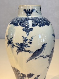 A Chinese blue and white five-piece garniture with birds among flowering branches, Qianlong