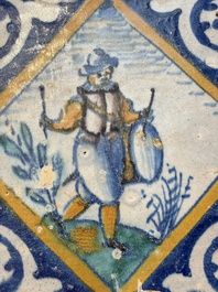 A polychrome Dutch Delft maiolica 'Drummer' diamond tile, 16th C.