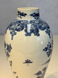 A Chinese blue and white five-piece garniture with birds among flowering branches, Qianlong