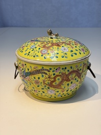A pair of Chinese famille rose yellow-ground 'Dragon and Phoenix' covered warming bowls and a bowl, Tongzhi marks, 19th C.