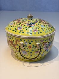 A pair of Chinese famille rose yellow-ground 'Dragon and Phoenix' covered warming bowls and a bowl, Tongzhi marks, 19th C.