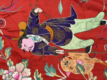 An extremely large Chinese red-ground embroidered silk 'Sanxing and Eight Immortals' panel, 19th C.