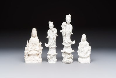 Four Chinese Dehua blanc de Chine figures of Guanyin and six wine cups, Kangxi and later