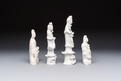 Four Chinese Dehua blanc de Chine figures of Guanyin and six wine cups, Kangxi and later
