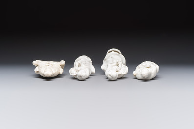 Four Chinese Dehua blanc de Chine figures of Guanyin and six wine cups, Kangxi and later