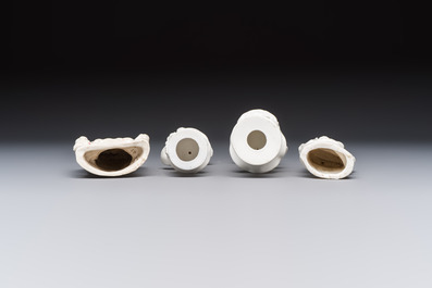 Four Chinese Dehua blanc de Chine figures of Guanyin and six wine cups, Kangxi and later