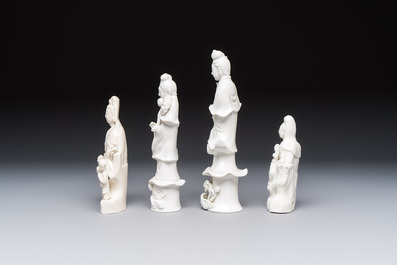Four Chinese Dehua blanc de Chine figures of Guanyin and six wine cups, Kangxi and later