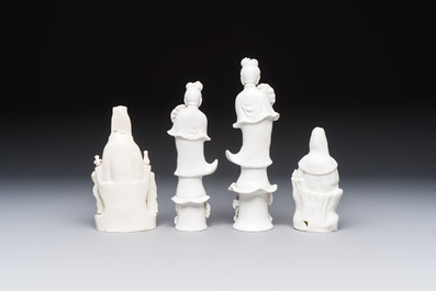 Four Chinese Dehua blanc de Chine figures of Guanyin and six wine cups, Kangxi and later