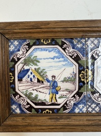 A framed six-piece 'Musicians' tile panel and two 'Landscape' tiles, France, 19th C.