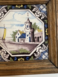A framed six-piece 'Musicians' tile panel and two 'Landscape' tiles, France, 19th C.