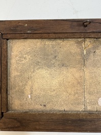 A framed six-piece 'Musicians' tile panel and two 'Landscape' tiles, France, 19th C.