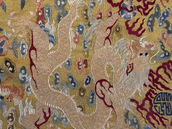 A Chinese imperial yellow-ground embroidered silk 'Nine Symbols' lady's 'Dragon' robe, 'Ji Fu' 吉服, 19th C.