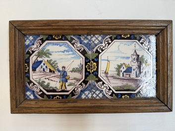 A framed six-piece 'Musicians' tile panel and two 'Landscape' tiles, France, 19th C.